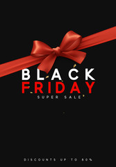 Black Friday sale, banner, poster, logo. Background red ribbon bow.