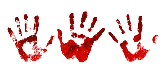 Hand in the red blood. Bloody handprint on white background