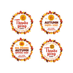 Set of Thanksgiving Day Autumn or Fall Season with Dried Leaves Illustration Shopping Sale Promotion Logo, Badge, Banner, Sticker, Emblem, Icon Colllection