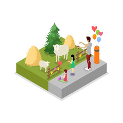 Cage with sheeps isometric 3D icon. Public zoo with wild animals and people landscape, zoo infrastructure element for design vector illustration.