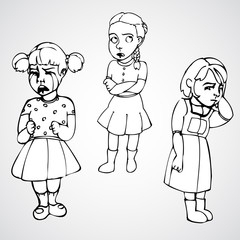 Sad children, kids. Girls. Vector outlined illustration. White image, gray background.