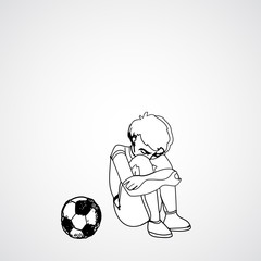 Child, boy, teen, teenager sitting frustrated, football, soccer ball. Vector outlined illustration. White image, gray background.