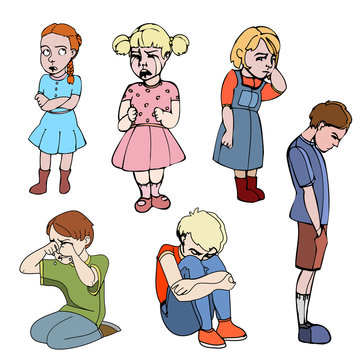 Sad children, kids. Boys and girls. Vector outlined illustration. Colored image, white background.
