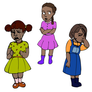 Sad dark skinned children, kids. Girls. Vector outlined illustration. Colored image, white background.