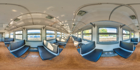 3D spherical panorama with 360 viewing angle. Ready for virtual reality or VR. Full equirectangular projection. Interior of train with seating econom class.