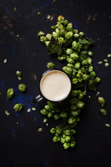 Glass of foamy beer and hop cones, top view