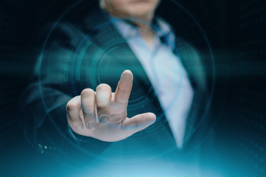 1600940 Businessman pressing button. Innovation technology internet business concept. Space for text - Powered by Adobe