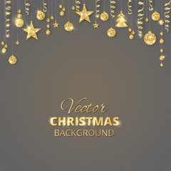 Sparkling Christmas glitter ornaments. Golden fiesta border, festive garland with hanging balls and ribbons.