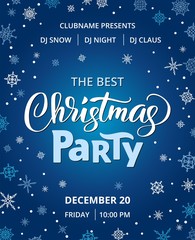 Christmas party poster template, vector illustration. Hand written lettering, typography. Background with falling snowflakes
