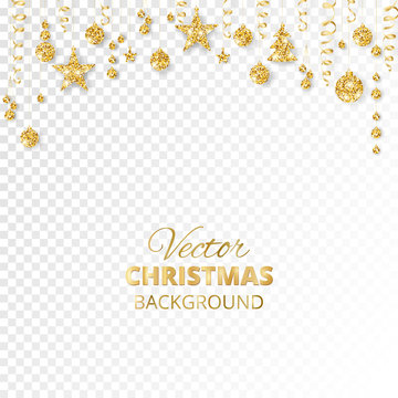 Sparkling Christmas glitter ornaments. Golden fiesta border. Festive garland with hanging balls and ribbons isolated on transparent background.