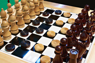 Chess and checkers on board