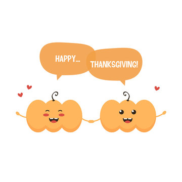 Happy Thanksgiving day vector illustration with two cute pumpkins.

