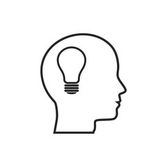 Human head with light bulb, line icon