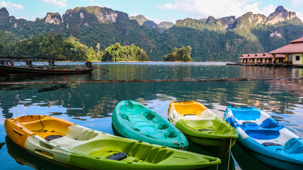 Morning view with  Kayaks at Cheow Lan lake ,Khao Sok National Park,SURATTHANI,THAILAND.