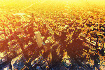Aerial view of a Downtown Los Angeles at sunset