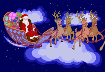 Santa Claus, Christmas greeting card, sleigh and reindeer