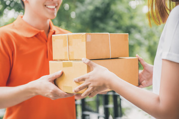 Smiling delivery man delivering parcel to a woman