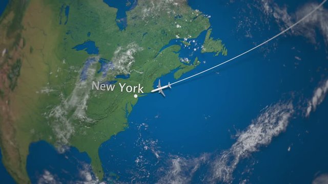Route of commercial airplane flying from Berlin to New York on the Earth globe. International trip intro animation