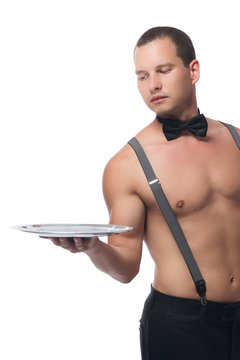 bartender with a bare torso holds an empty tray, on a white background isolate, a place for an inscription