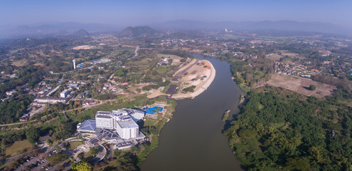 Resort Next to River Kok in Chiang Rai, Northern Thailand, Aerial Panorama