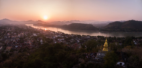 Sunset Over Luang Prabang And Mount Phousi, Laos, Aerial Panorama