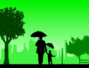 Grandmother walking with her grandson under the umbrellas in the park, one in the series of similar images silhouette
