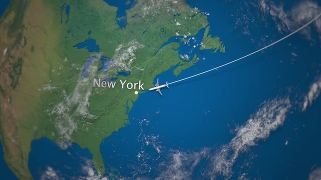 Route of commercial airplane flying from Paris to New York on the Earth globe. International trip intro animation