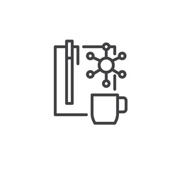 Planning list and cup of coffee line icon, outline vector sign, linear style pictogram isolated on white. Symbol, logo illustration. Editable stroke