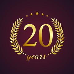 20 years old luxurious logotype. Congratulating 20th, 2nd numbers in circle of palms, cup template. Isolated sign greetings symbol, celebrating traditional stained-glass decorative retro style ear.