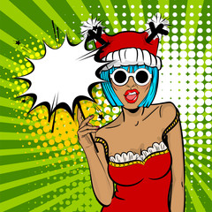 Vector illustration popart wow face. Dare girl in red dress hold hand bengal fire, sparkler empty comic text speech bubble, balloon box. Marry Christmas young beautiful pop art woman pompom deer hat.