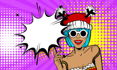 Dare girl in red dress hold hand bengal fire, sparkler empty comic text speech bubble. Marry Christmas young beautiful smiling pop art woman pompom deer hat. Vector illustration popart wow face.