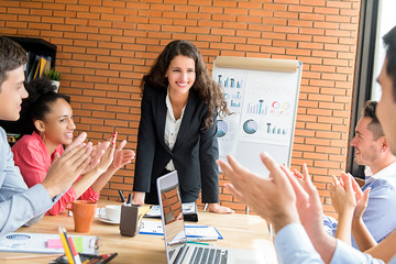 Colleagues giving the applause to  businesswoman leader in team meeting