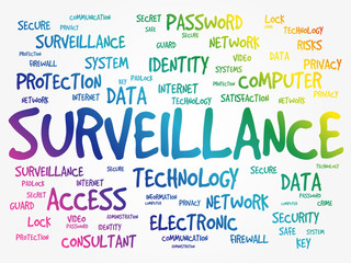 Surveillance word cloud collage, security concept background