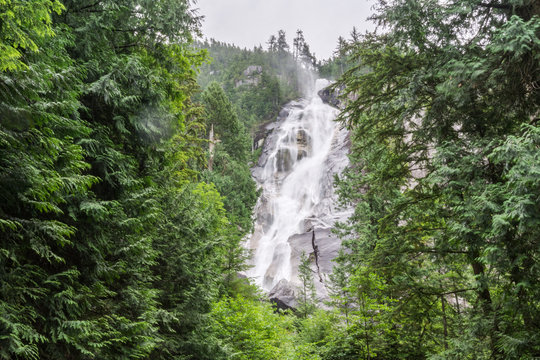 Shannon Falls near Squamish, BC, surrounded by trees.