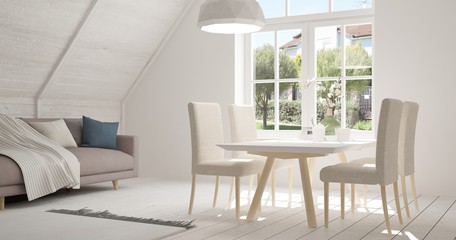 Idea of white kitchen with summer landscape in window. Scandinavian interior design. 3D illustration