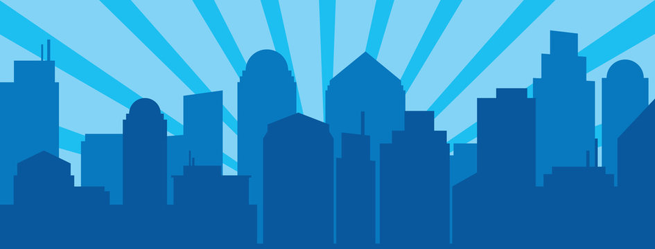 Blue Sunrise And Modern Silhouette City In Pop Art Style