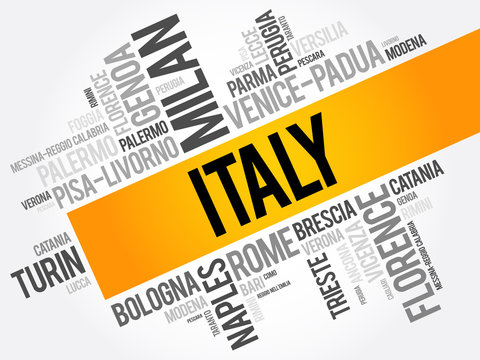 List of cities in Italy, word cloud collage, travel concept background