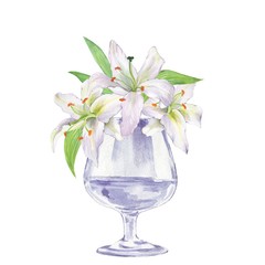 Glass vase with flowers. Lilies. Watercolor illustration 1