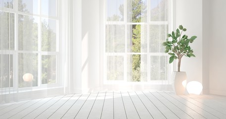 Idea of white empty room with summer landscape in window. Scandinavian interior design. 3D illustration