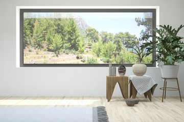 Idea of white empty room with summer landscape in window. Scandinavian interior design. 3D illustration