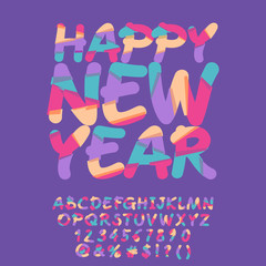 Vector Happy New Year Greeting Card for Children. Colorful Alphabet Letters, Numbers, Symbols.