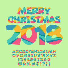 Vector Merry Christmas 2018 Greeting Card for Kids. Funny Alphabet Letters, Numbers, Symbols.