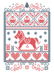 Elegant Christmas Scandinavian, Nordic style winter stitching, pattern including snowflake, heart, rocking horse, Christmas tree, Christmas present snow in red, blue in decorative rectangle frame 
