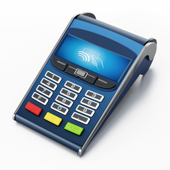POS terminal with remote wireless symbol on the screen. 3D illustration