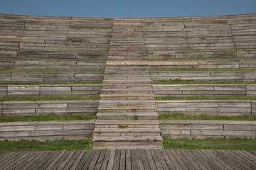 Auditorium with wooden seats in the linear park of the Manzanares in Madrid