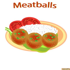 Grilled meat steak and white rice. Fried cutlet and garnish. Meat rissole, rice, green vegetables. Vector illustration.