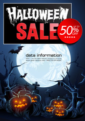 Halloween Sale Poster, pumpkin background in the woods. Vertical Vector illustration. you can place relevant content on the area.