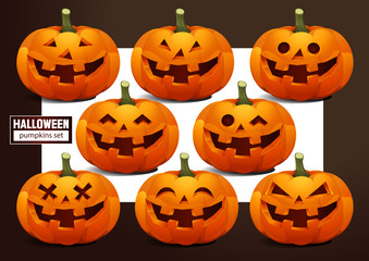 Halloween Pumpkins emotions set, Vector illustration.