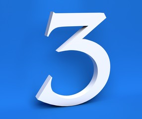 White number 3 (Three) on a blue background. 3D Render