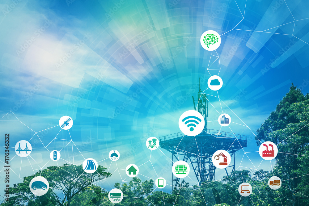Aufkleber wireless communication network and various industry concept.